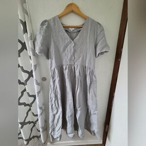 Shopdahl 100% Linen Blue-gray Scalloped Button Dress - Small